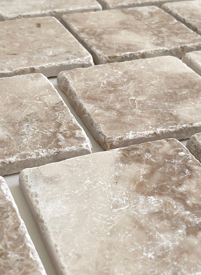 Marble Object Marble 4" x 4" Beige Coffee Cappuccino Coasters Natural Stone Tumbled Coasters Set of 4 Pieces - Image 2